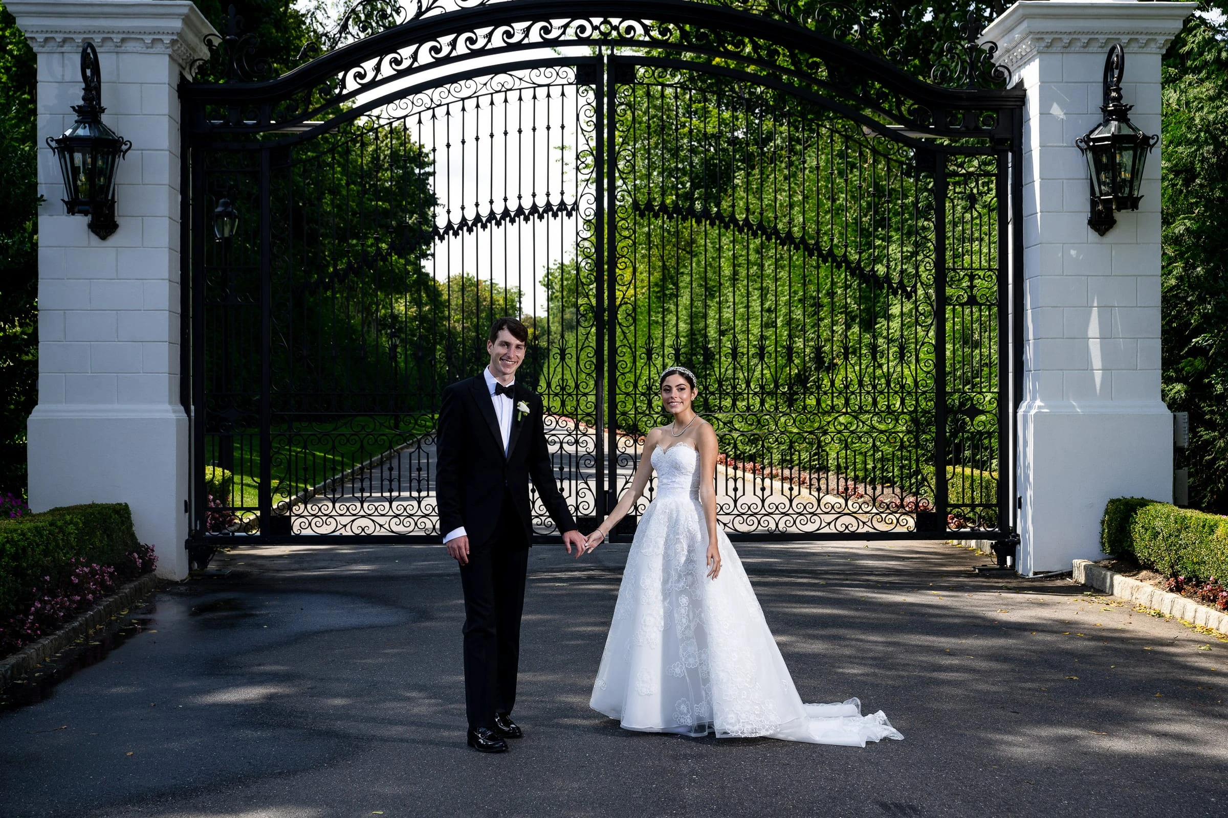 The couple at the wrought-iron gates of the estate — Shadowbrook at Shrewsbury, Shrewsbury