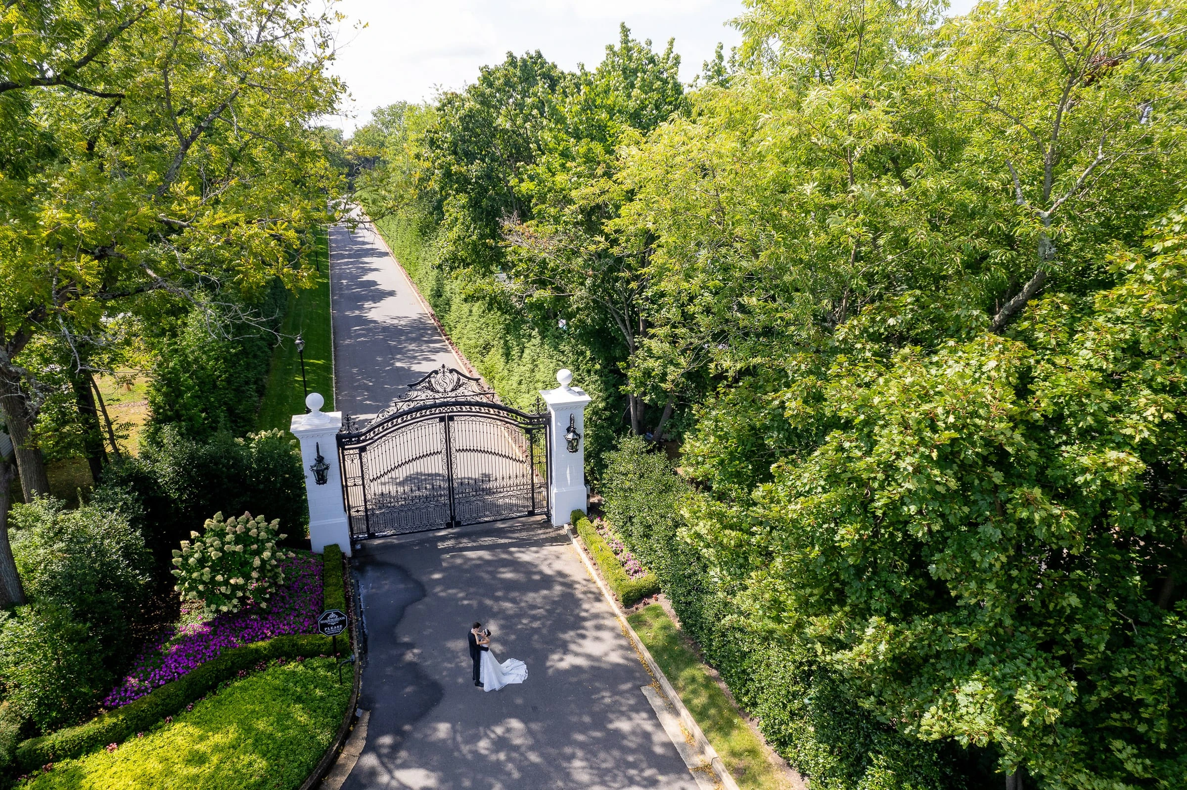 The couple tiny at the gates seen from above the tree-lined drive — Shadowbrook at Shrewsbury, Shrewsbury