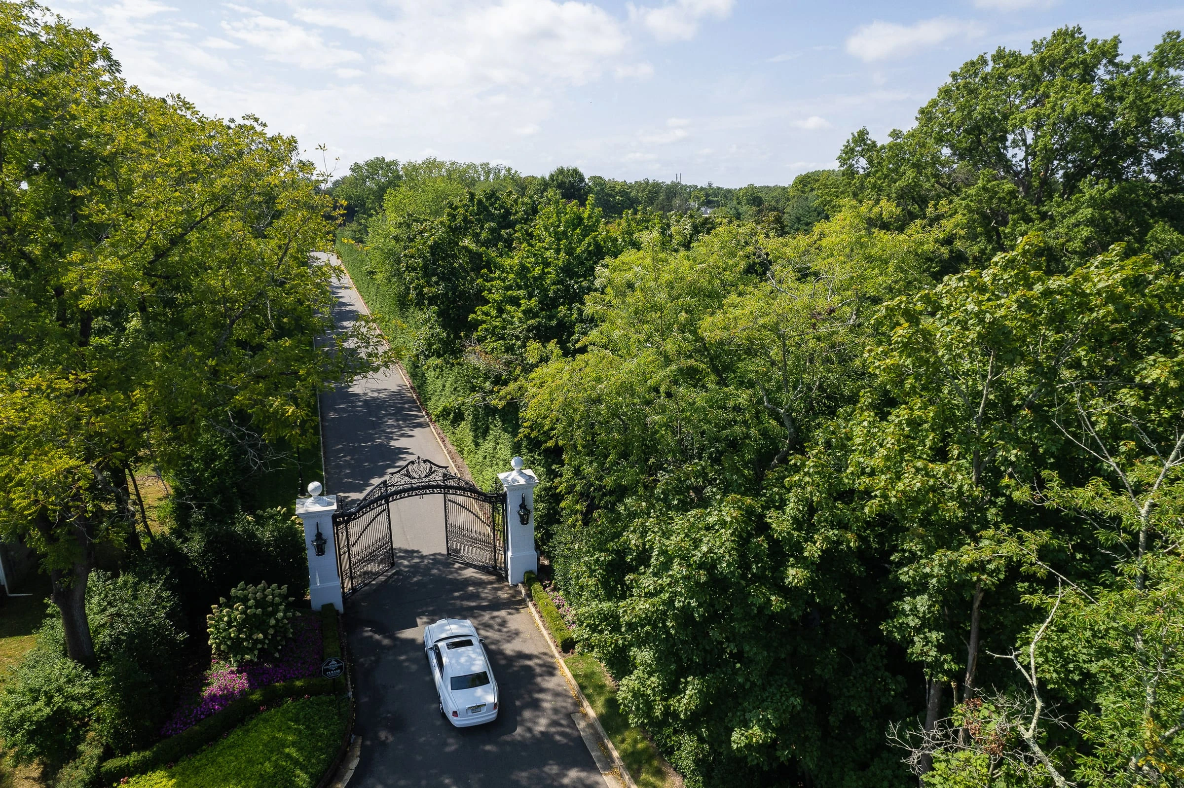 The wooded drive from above with the car waiting at the gate — Shadowbrook at Shrewsbury, Shrewsbury