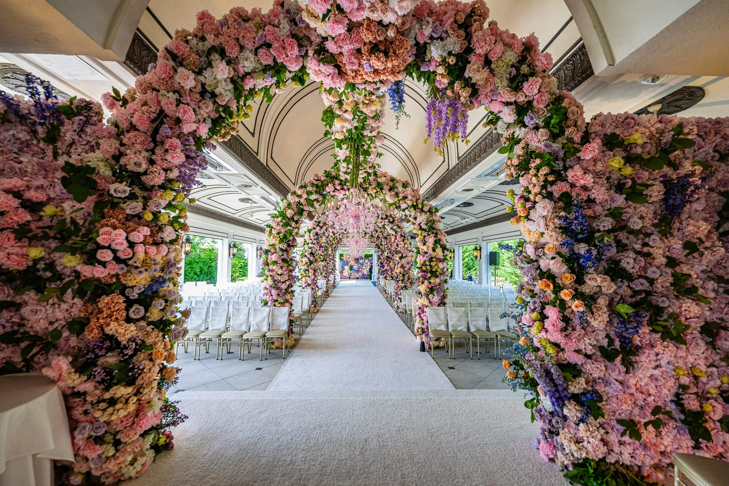 The flowered arch and rows of chairs before the guests arrive — Shadowbrook at Shrewsbury, Shrewsbury