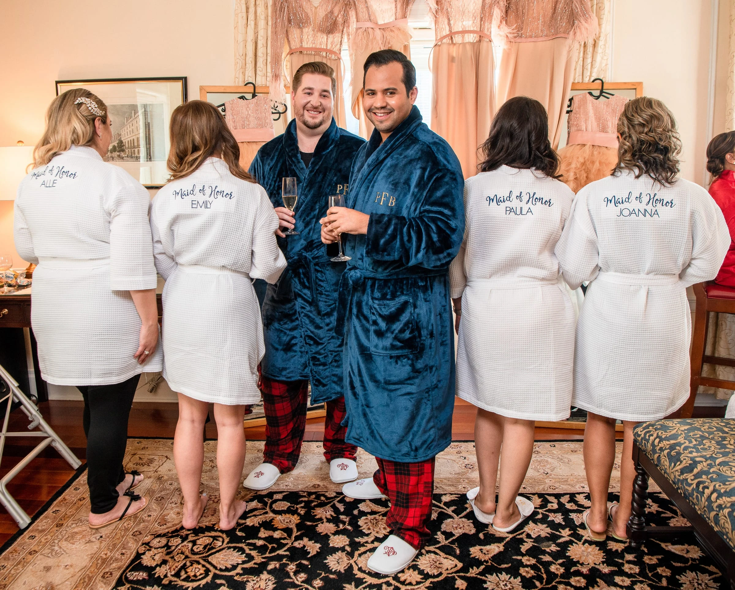 The wedding party in robes in the suite before dressing — Metropolitan Club, New York