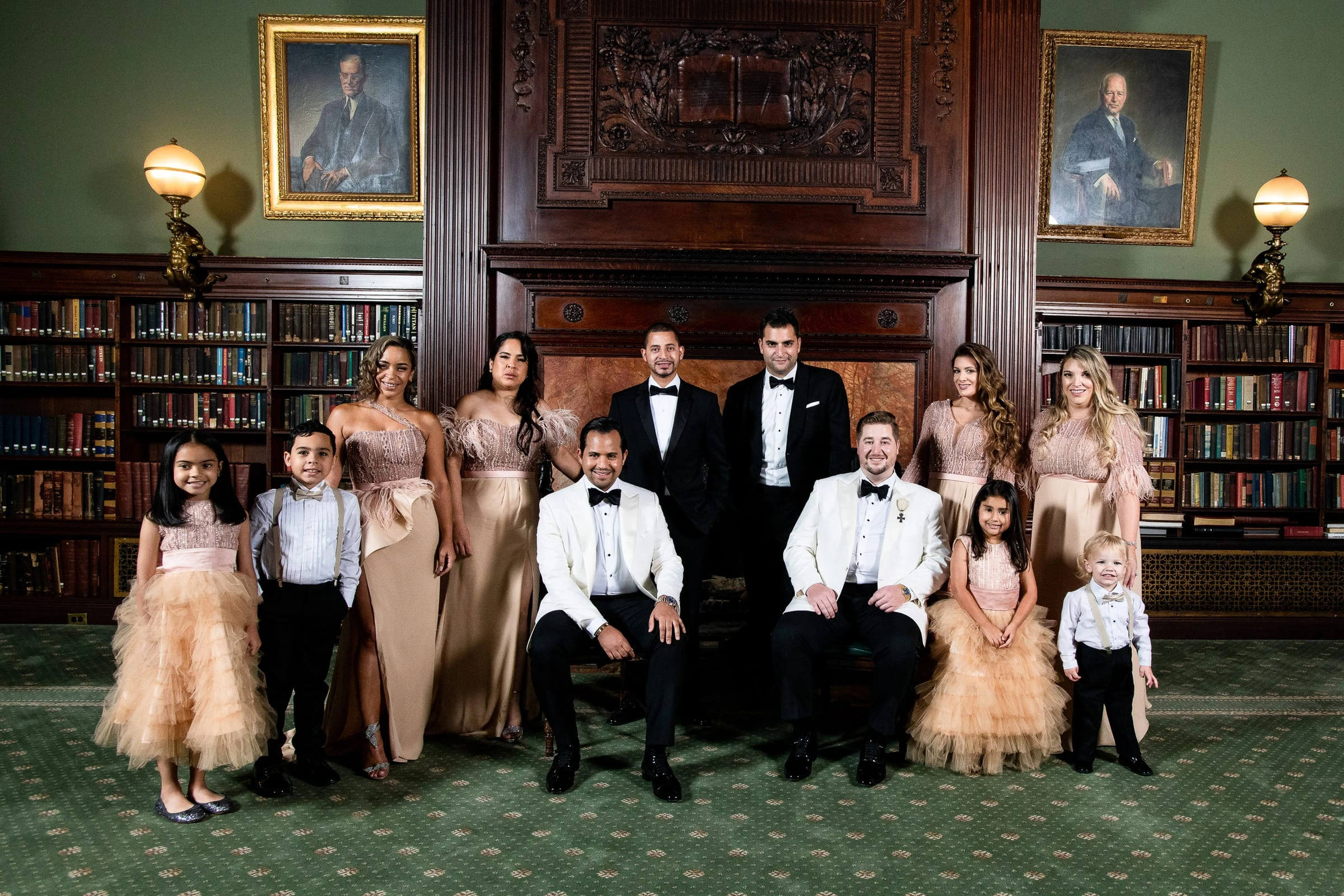 The wedding party in the wood-panelled library — Metropolitan Club, New York