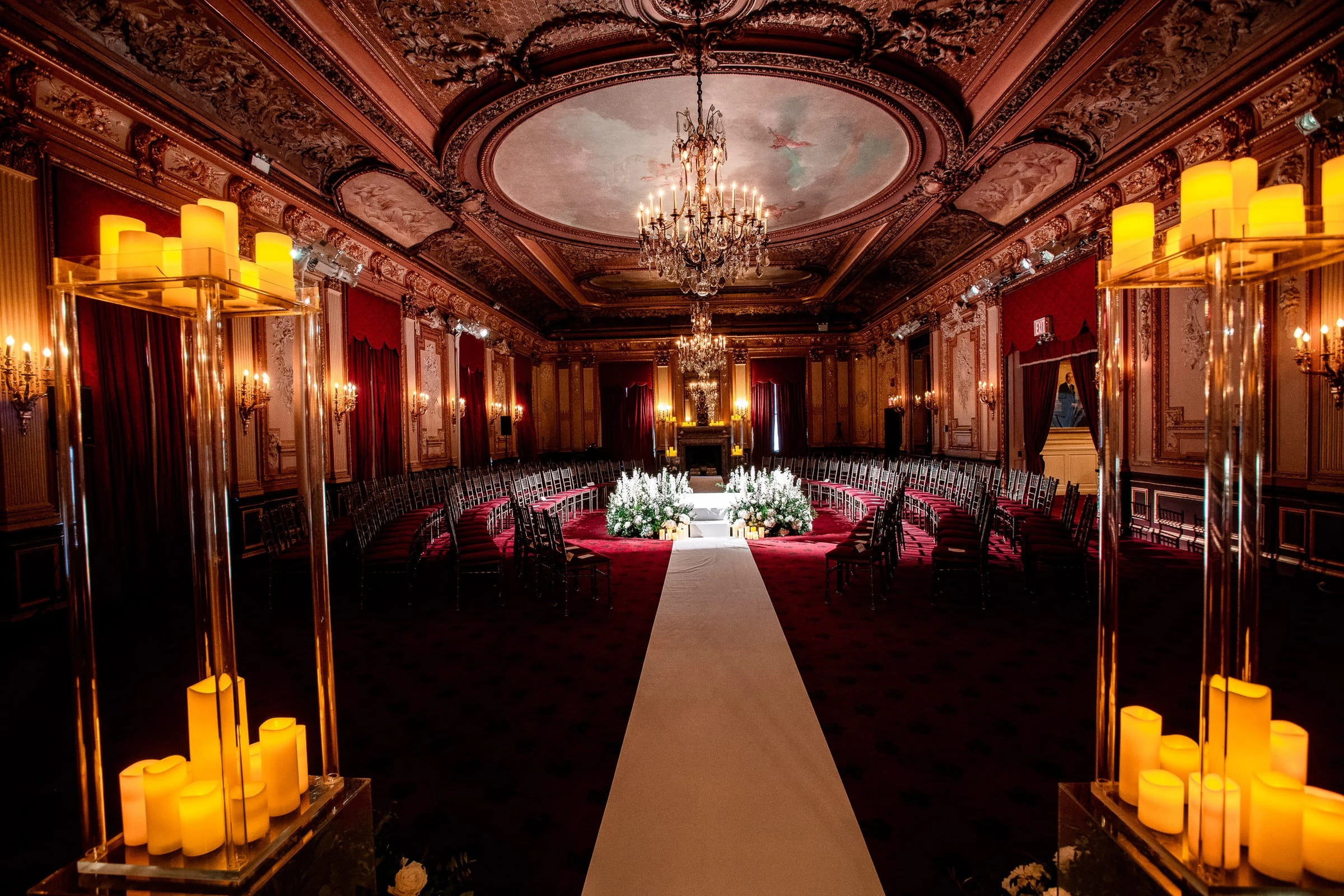 The candle-lined aisle before the ceremony — Metropolitan Club, New York