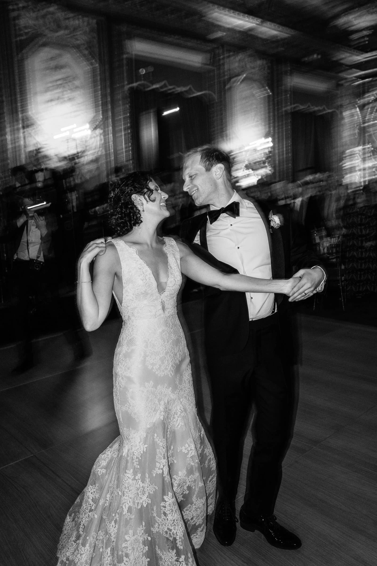The bride and groom dancing, in black and white — Metropolitan Club, New York