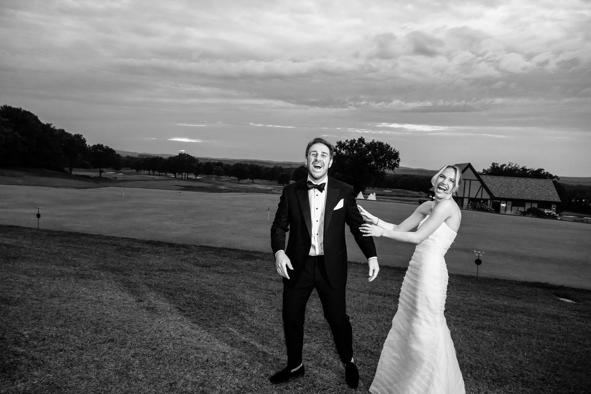 The couple dancing on the grass at dusk, in black and white — Mountain Ridge Country Club, West Caldwell