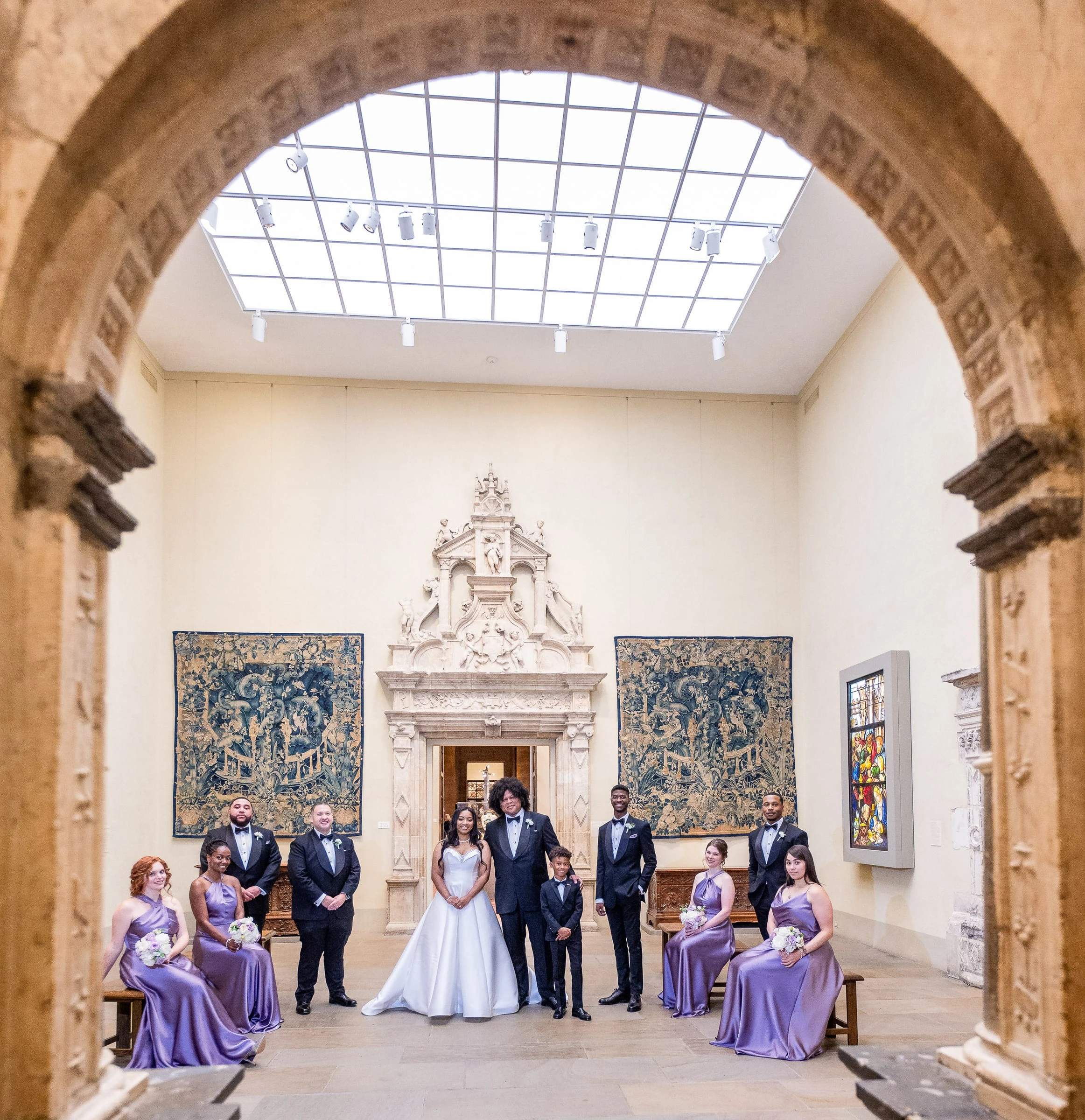 The wedding party in the tapestry gallery beneath the skylight — Philadelphia Museum of Art, Philadelphia